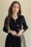 Short, V-neck dress with long sleeves and a slanted button line