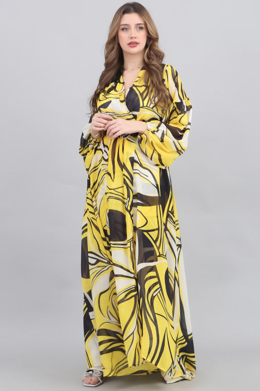 Yellow wavy cloche dress with embroidery on the shoulder