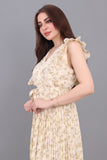 Floral dress with pleats and ruffles, beige