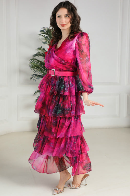 Layered chiffon dress in fuchsia color