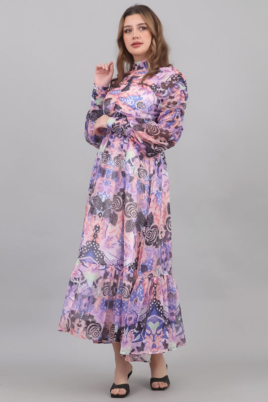 Floral midi dress with drape design, mauve color