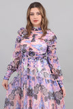 Floral midi dress with drape design, mauve color