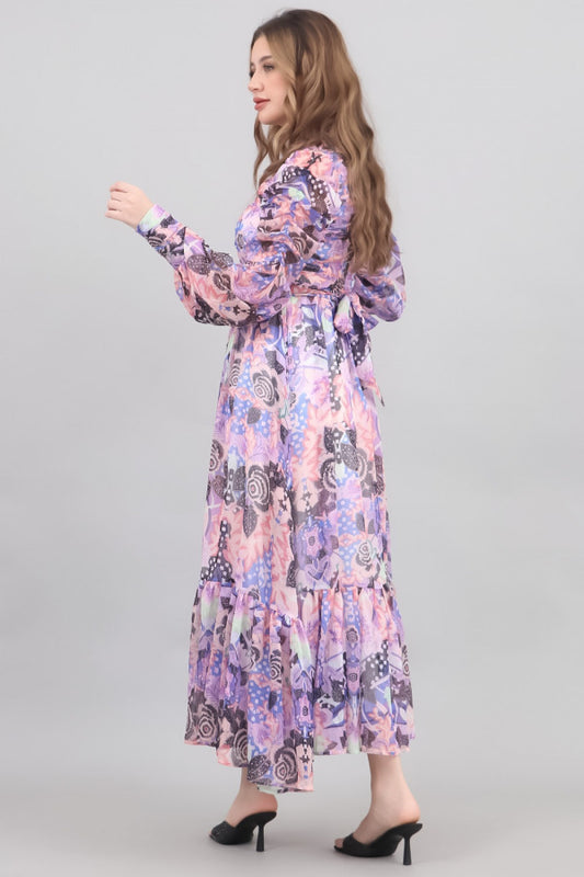 Floral midi dress with drape design, mauve color