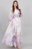Floral chiffon dress with ruffles, mauve color
