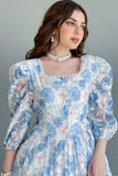 Classic floral fluffy sky blue dress