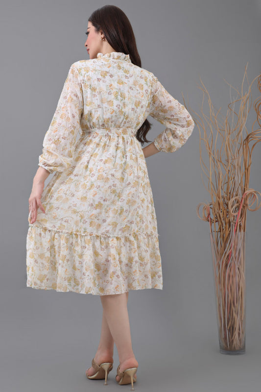 Floral chiffon dress embroidered with shiny cotton