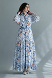 Floral dress with a high neckline and crystal buttons, sky blue 