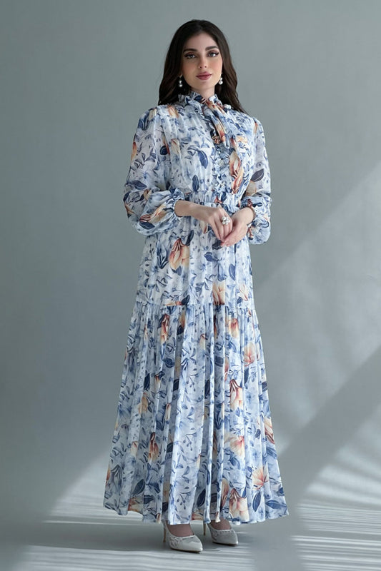 Floral dress with a high neckline and crystal buttons, sky blue 