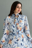 Floral dress with a high neckline and crystal buttons, sky blue 