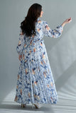 Floral dress with a high neckline and crystal buttons, sky blue 