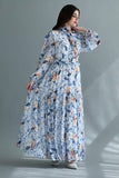 Floral dress with a high neckline and crystal buttons, sky blue 