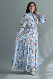 Floral dress with a high neckline and crystal buttons, sky blue 