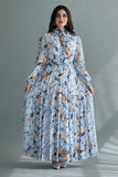 Floral dress with a high neckline and crystal buttons, sky blue 