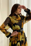Midi dress with a contrasting layered design with a belt at the waist, black and yellow