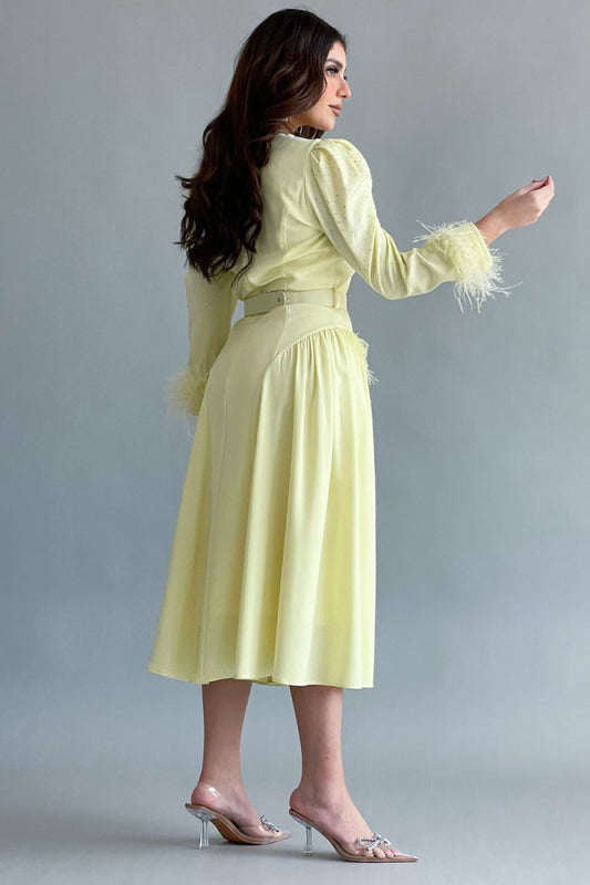 Midi dress with side zipper design and yellow feathers