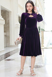 Purple velvet short dress with bow collar 