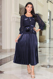 Elegant pleated velvet lace midi dress, navy blue -