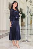 Elegant pleated velvet lace midi dress, navy blue -