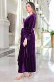 Velvet midi dress decorated with crystals at the chest, purple color 