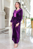 Velvet midi dress decorated with crystals at the chest, purple color 