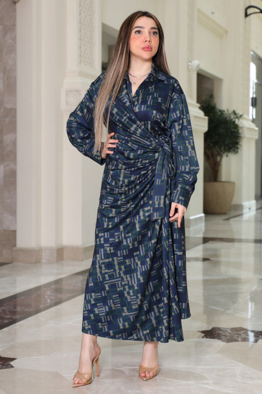 Midi wrap dress with shirt design and prints in different colors 