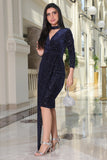 Short velvet dress with side tail, navy blue 
