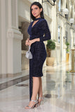 Short velvet dress with side tail, navy blue 