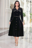 Velvet midi dress with elegant shirt cut, black 