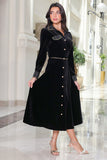 Velvet midi dress with elegant shirt cut, black 