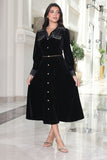 Velvet midi dress with elegant shirt cut, black 