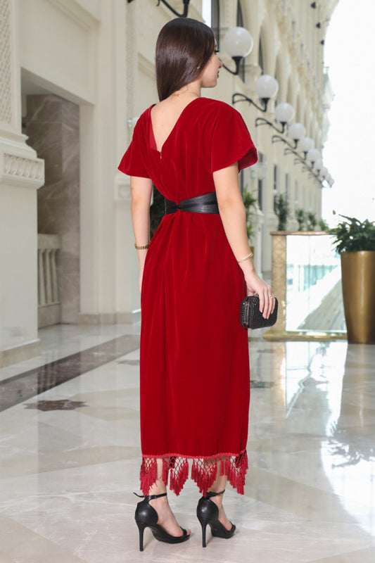 Burgundy velvet wrap dress with belt 