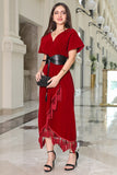 Burgundy velvet wrap dress with belt 