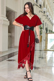 Burgundy velvet wrap dress with belt 