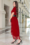 Burgundy velvet wrap dress with belt 