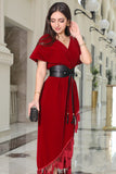 Burgundy velvet wrap dress with belt 