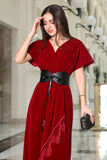 Burgundy velvet wrap dress with belt 