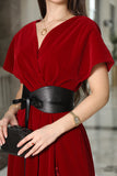 Burgundy velvet wrap dress with belt 