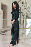 Long sequin evening dress with a green slit