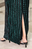 Long sequin evening dress with a green slit