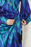 Midi dress with a tie at the waist, decorated with fringes and crystals, blue color