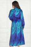 Midi dress with a tie at the waist, decorated with fringes and crystals, blue color