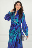 Midi dress with a tie at the waist, decorated with fringes and crystals, blue color