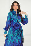 Midi dress with a tie at the waist, decorated with fringes and crystals, blue color