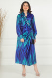 Midi dress with a tie at the waist, decorated with fringes and crystals, blue color