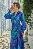 Midi dress with a tie at the waist, decorated with fringes and crystals, blue color