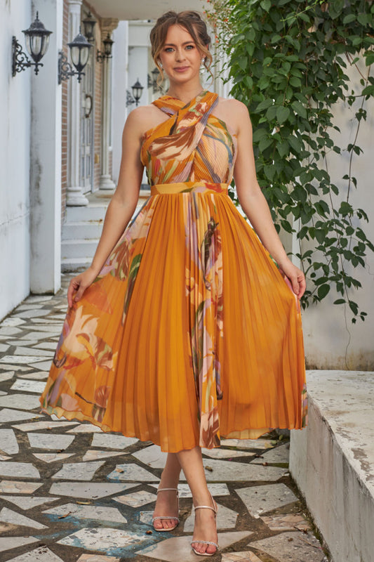 Orange pleated midi dress