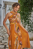 Orange pleated midi dress