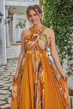 Orange pleated midi dress