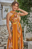 Orange pleated midi dress