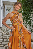 Orange pleated midi dress